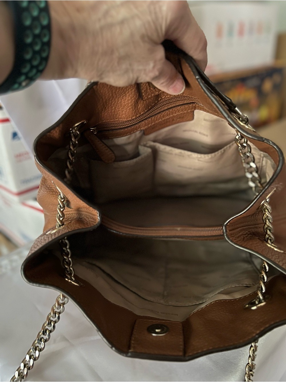 Michael Kors Cognac Pebbled Leather Shoulder/Crossbody Bag with Chain Straps - Picture 11 of 12